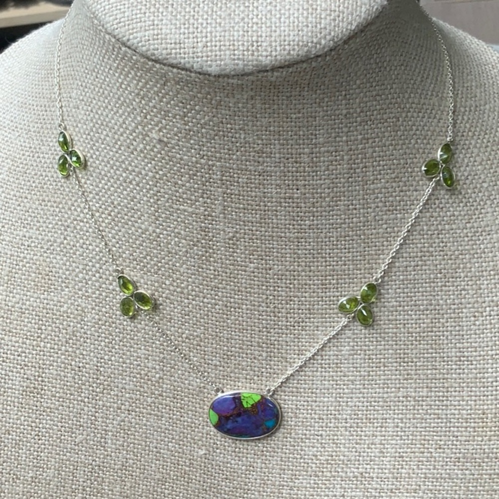 PURPLE COPPER TURQUOISE & PERIDOT 925 STERLING SILVER NECKLACE